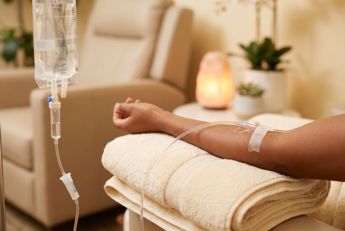 IV hydration and vitamin infusion therapy in a calm medical-spa lounge